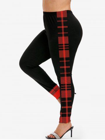 Plus Size Plaid Colorblock Skinny Leggings - RED - 1X | US 14-16