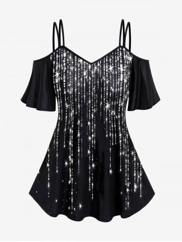 Plus Size Cold Shoulder Glitter Print T-shirt - BLACK - 2X | US 18-20