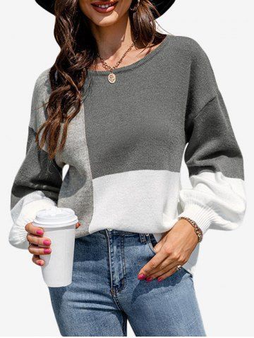Pull en Maille en Blocs de Couleurs à Goutte Epaule Grande Taille - GRAY - S | US 8