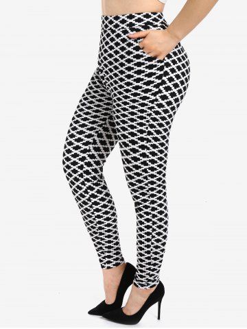 Pantalon Skinny Imprimé Géométrique Noir et Blanc Grande Taille avec Poches - BLACK - 2X | US 18-20