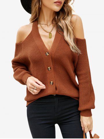 Plus Size V Neck Cold Shoulder Sweater - COFFEE - L | US 12