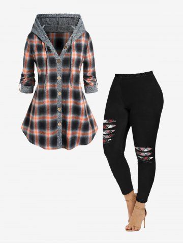 Hooded Roll Up Sleeve Plaid Shirt and 3D Ripped Leggings Plus Size Outfit - GRAY