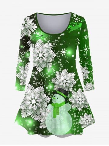 Plus Size Christmas Snowflake Snowman Print T-shirt - DEEP GREEN - M | US 10