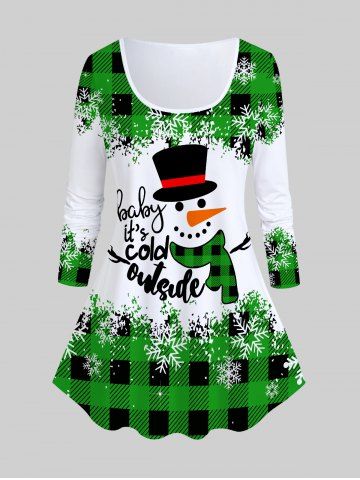 Camiseta Navidadeña a Cuadros Estampado Muñeco de Nieve Tamaño Plus - DEEP GREEN - 5X | US 30-32
