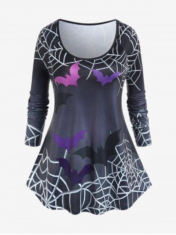 Halloween Bats Spider Web Printed Raglan Sleeves T-shirt - BLACK - S | US 8