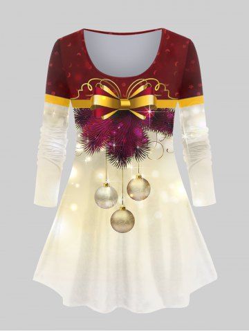 Plus Size Christmas Tree Bowknot Ball Print T-shirt - DEEP RED - 1X | US 14-16