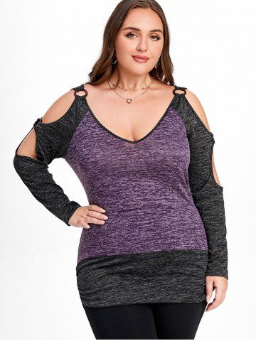 Plus Size Cutout Space Dye Raglan Sleeves O-rings Knitted Tunic Tee - CONCORD - M | US 10