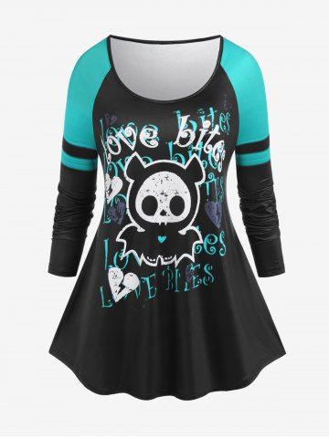 Halloween Cartoon Skull Letters Printed Colorblock Raglan Sleeves Tee - GREEN - 4X | US 26-28