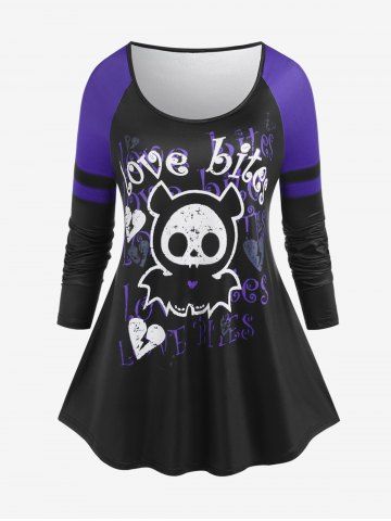 Halloween Cartoon Skull Letters Printed Colorblock Raglan Sleeves Tee - PURPLE - 3X | US 22-24