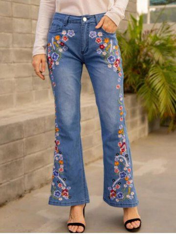 Colored Flowers Zipper Fly Pockets Embroidery Flare Jeans - BLUE - 2XL