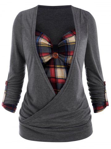 Plus Size Plaid Print Crossover Long Sleeve Faux Twinset T-shirt - GRAY - L