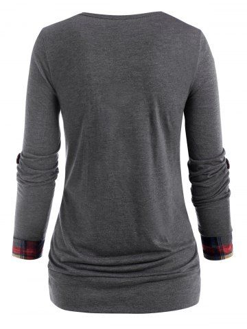 Plus Size Plaid Print Crossover Long Sleeve Faux Twinset T-shirt