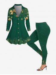 Ensemble de Chemise à Imprimé Noël et Legging Grande Taille - Vert 