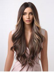 Brown Highlight Golden Long Fluffy Wavy Synthetic Wig -  