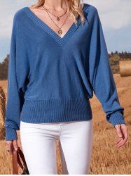 Solid Color Batwing Sleeve Plunge Sweater -  