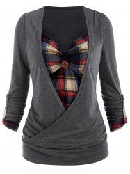 Plus Size Plaid Print Crossover Long Sleeve Faux Twinset T-shirt -  