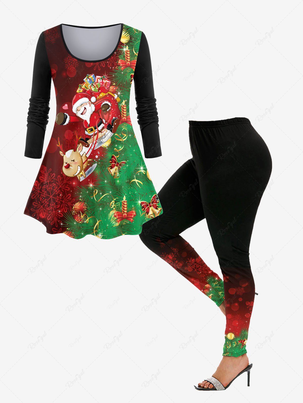 Store Christmas Elk Santa Claus Printed Tee and Ombre Leggings Plus Size Outfit  