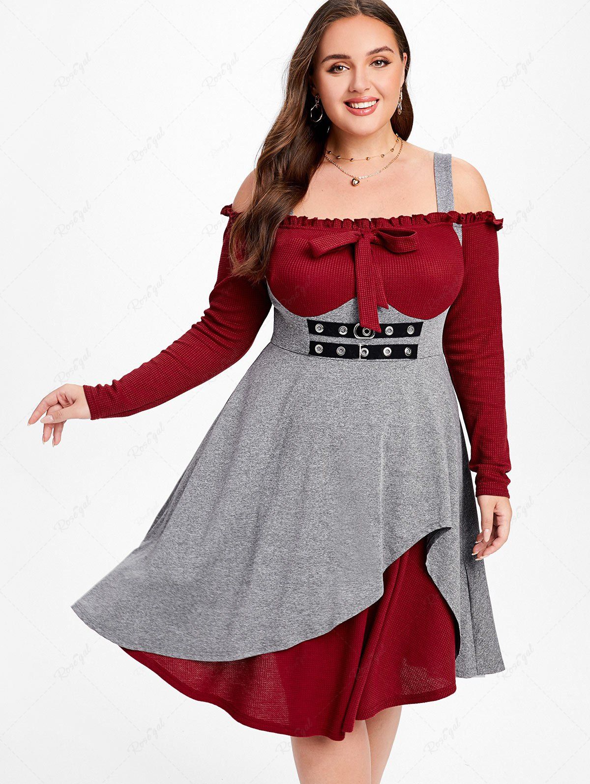 Latest Plus Size Cold Shoulder Ruffles Grommet Long Sleeves A Line 2 in 1 Knit Dress  
