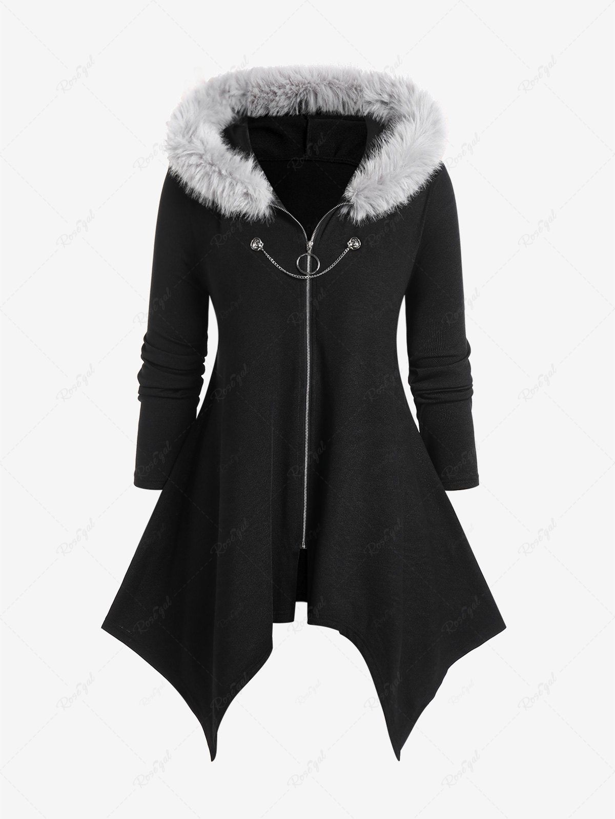 Affordable Plus Size Faux Fur Hooded Front Zipper Handkerchief Coat  