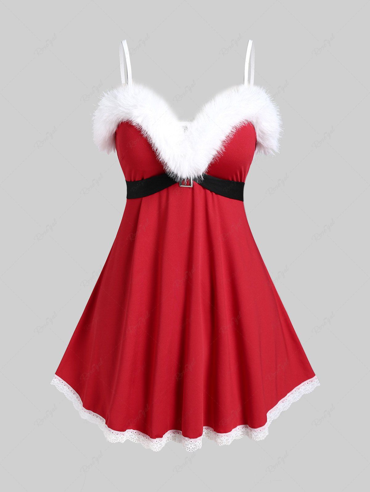 Buy Plus Size Christmas Faux Fur Panel Lace Trim Babydoll with T-back  