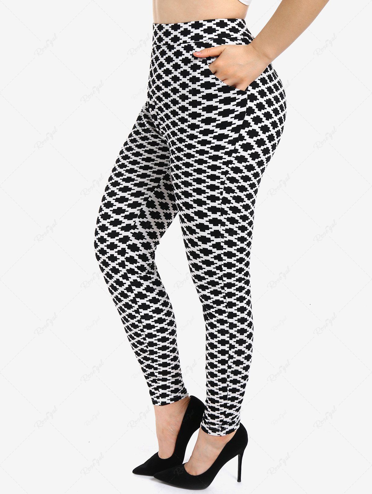 Pantalon Skinny Imprimé Géométrique Noir et Blanc Grande Taille avec Poches Noir 2x | US 18-20