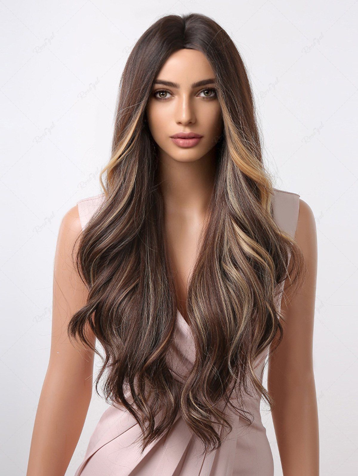 Fashion Brown Highlight Golden Long Fluffy Wavy Synthetic Wig  