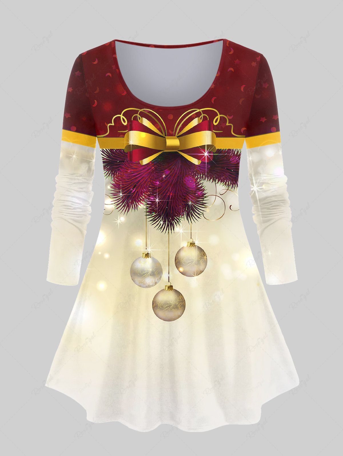 T-shirt à Imprimé Sapin de Noël et Boule de Grande Taille avec Nœud Papillon Rouge foncé 4X | US 26-28