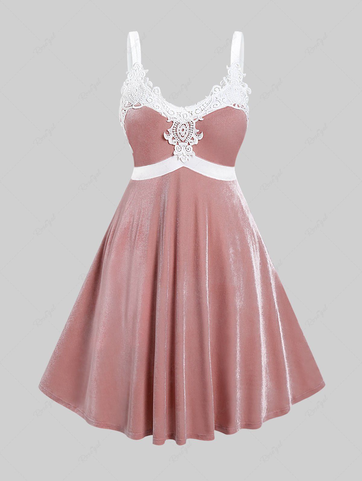 Affordable Plus Size Guipure Lace Panel Velvet Midi Dress  