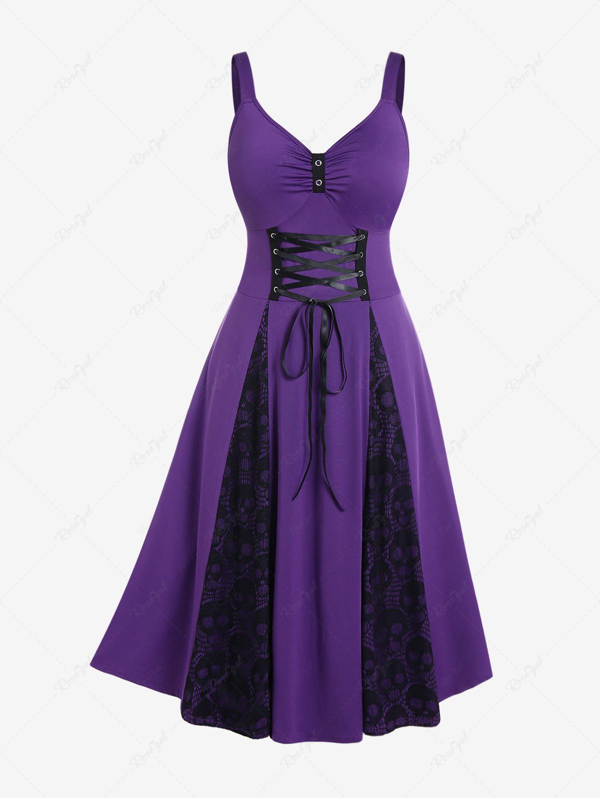 Latest Gothic Lace-up Lace Overlay Sleeveless Midi Dress  
