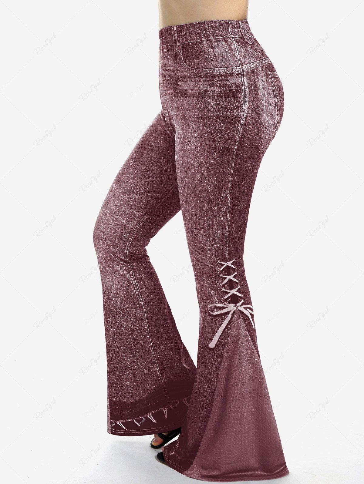 Pantalon Evasé Motif de 3D Jean Imprimé de Grande Taille à Lacets Rouge foncé 3X | US 22-24