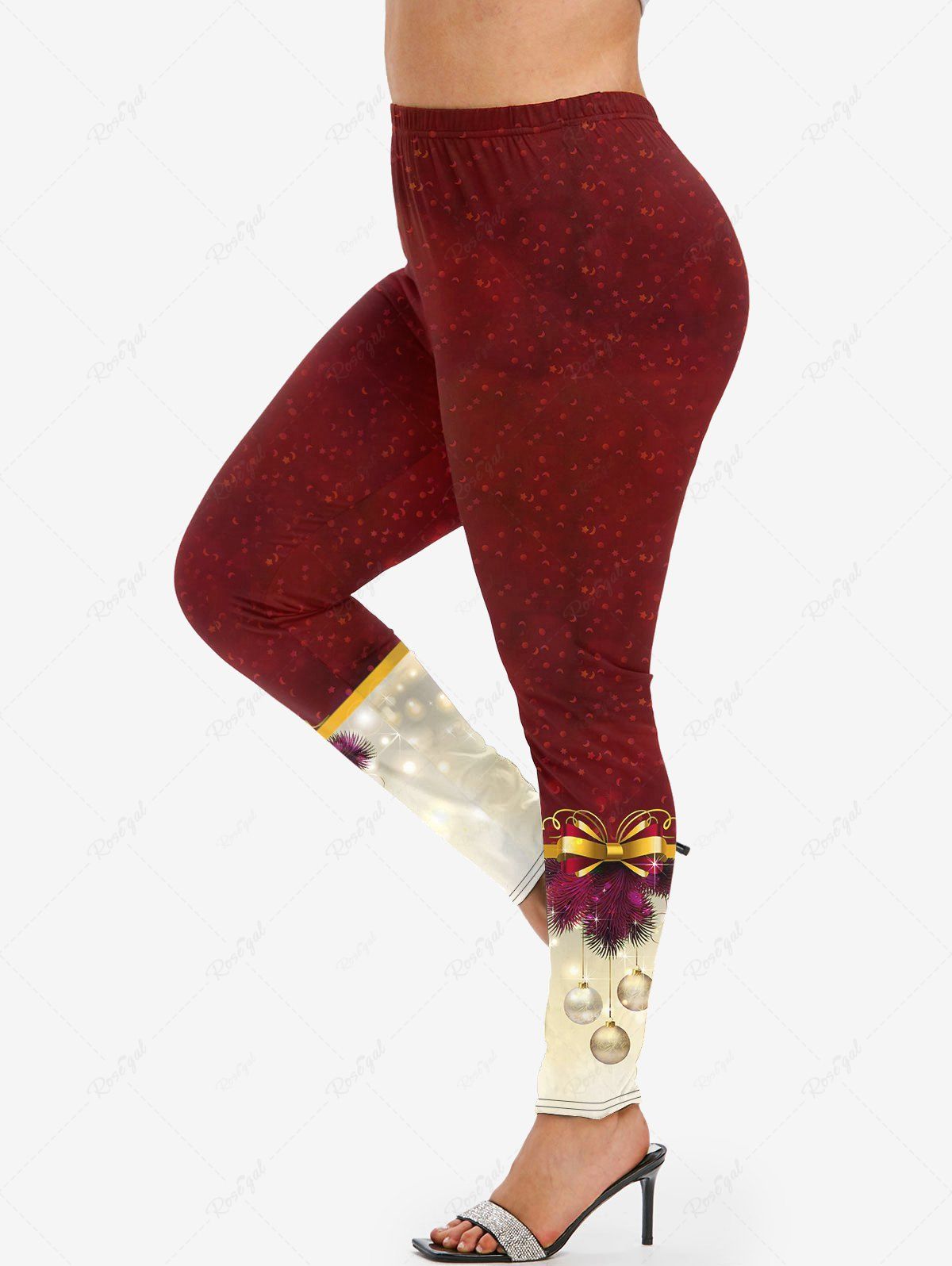 Hot Plus Size Christmas Tree Bowknot Ball Print Leggings  