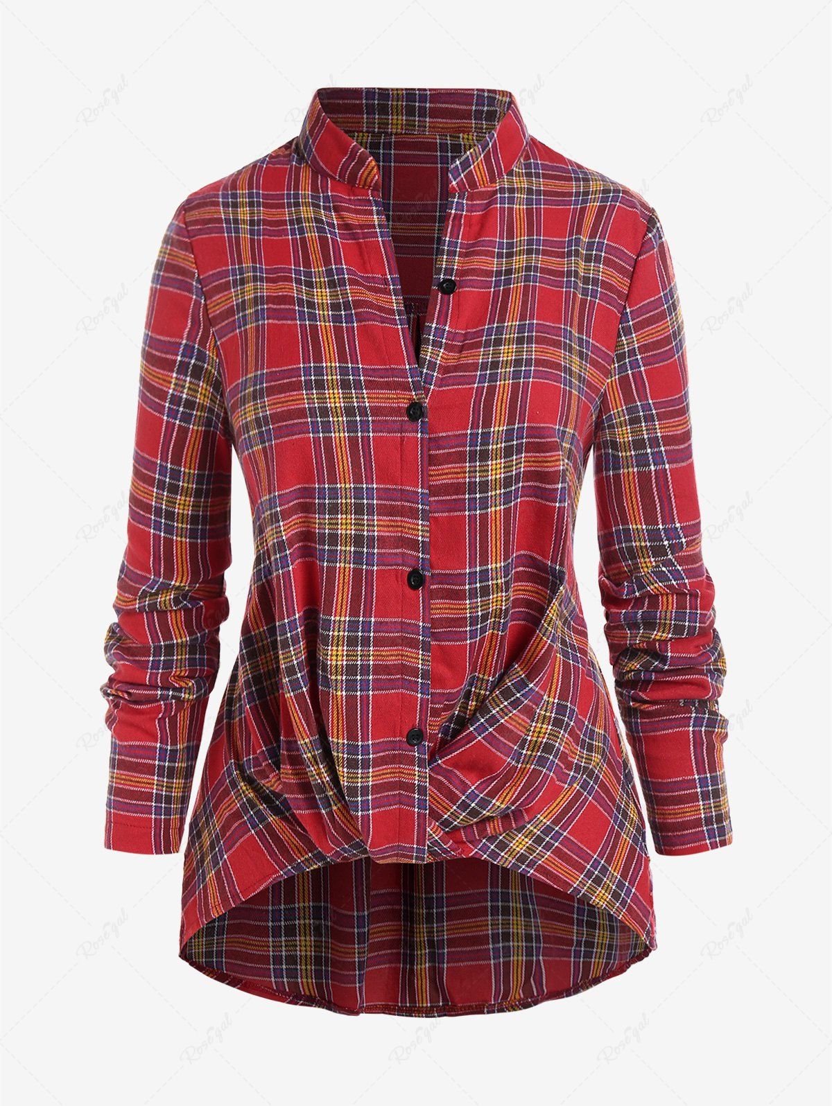 New Plus Size Stand Collar Twist High Low Plaid Shirt  