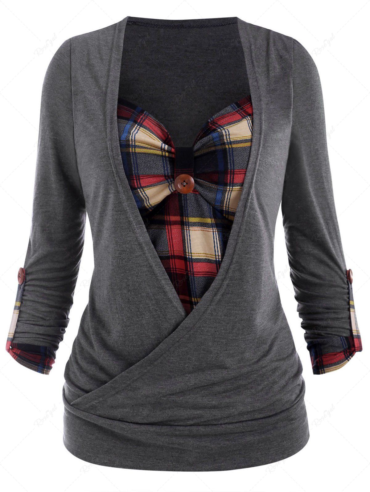 Sale Plus Size Plaid Print Crossover Long Sleeve Faux Twinset T-shirt  