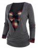 Plus Size Plaid Print Crossover Long Sleeve Faux Twinset T-shirt -  