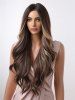 Brown Highlight Golden Long Fluffy Wavy Synthetic Wig -  