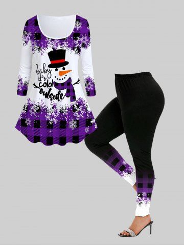 Snowman Plaid Print Graphic T-shirt and High Rise Leggings Christmas Plus Size Outfit - PURPLE