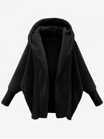 Plus Size Batwing Sleeves Hooded Open Front Fluffy Jacket - BLACK - 3X | US 22-24