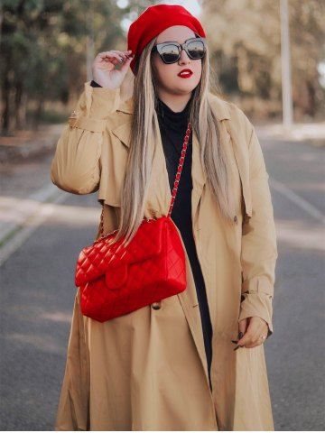 Plus Size Double Breasted Long Trench Coat - CAMEL BROWN - 4X