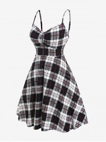Plus Size Plaid Half Zipper Backless Vintage Sleeveless Dress - BLACK - S | US 8