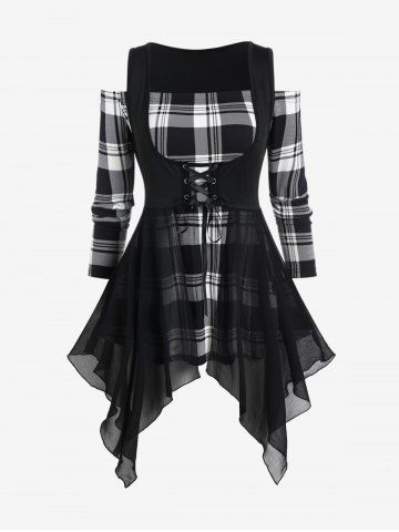 Plus Size Plaid Off The Shoulder Tee and Lace Up Handkerchief Top Set