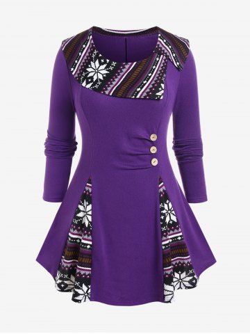 Plus Size Christmas Snowflake Godet Hem Long Sleeves Tee with Buttons - PURPLE - 3X | US 22-24