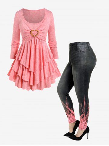 Heart-ring Layered T Shirt and 3D Jeans Flame Printed Leggings Plus Size Outfit - LIGHT PINK