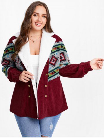 Plus Size Ethnic Jacquard Combo Corduroy Faux Shearling Jacket - DEEP RED - L | US 12