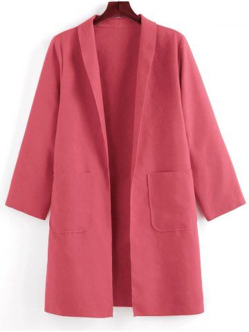Plus Size Shawl Collar Patched Pocket Tunic Coat - WATERMELON PINK - 3X