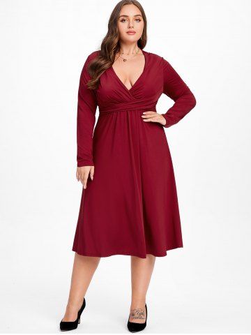 Plus Size Ruched Crisscross Surplice Midi Dress - DEEP RED - 4X | US 26-28