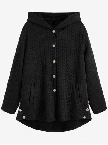 Plus Size Embossed High Low Hooded Coat - BLACK - 3XL