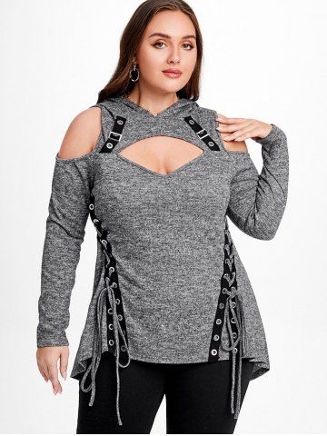 Gothic Cutout Lace-up Buckles Cold Shoulder High Low Hooded Tee - GRAY - L | US 12