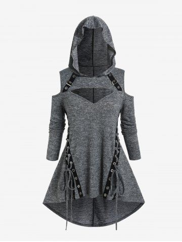 Gothic Cutout Lace-up Buckles Cold Shoulder High Low Hooded Tee