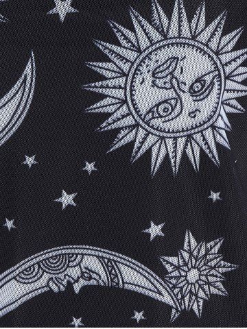 Plus Size Sun Moon Print Skew Neck Sheer Mesh Top and Cinched Camisole Set
