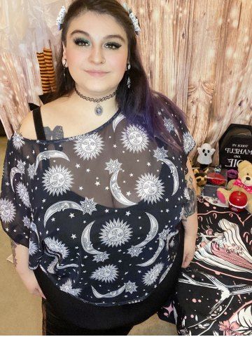 Plus Size Sun Moon Print Skew Neck Sheer Mesh Top and Cinched Camisole Set